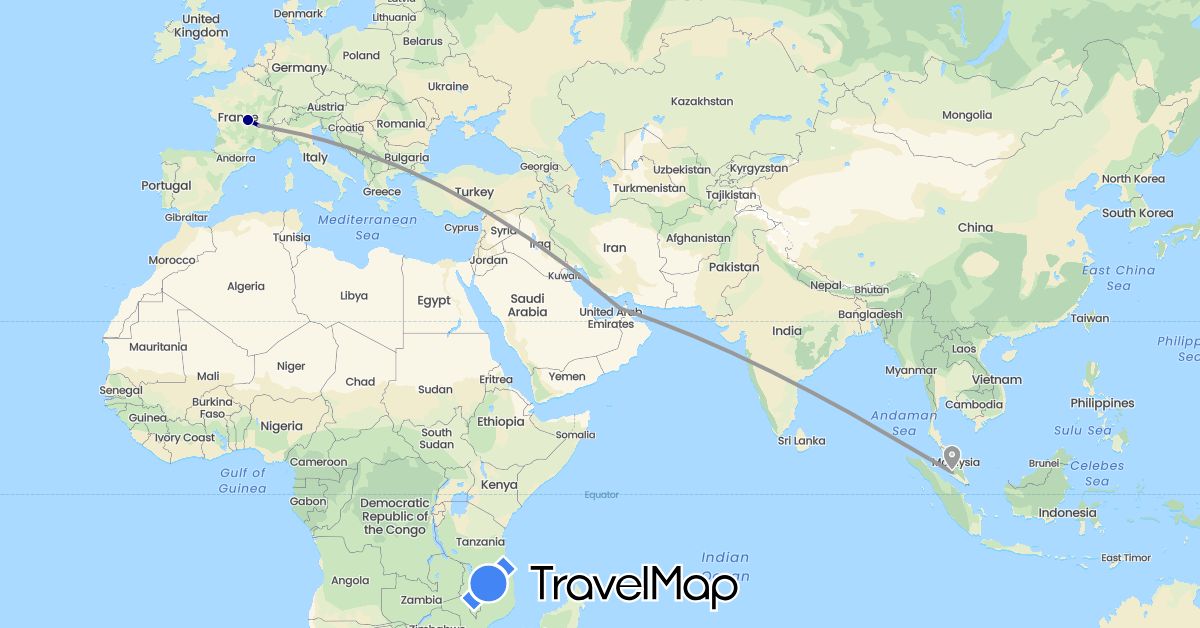 TravelMap itinerary: driving, plane in United Arab Emirates, France, Malaysia (Asia, Europe)